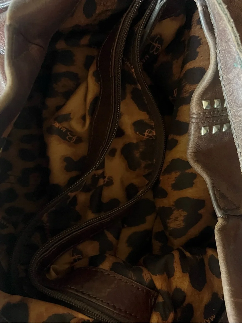 B. Makowsky Brown Animal Print Shoulder Bag, Zip, Studded Tassel, Pocket